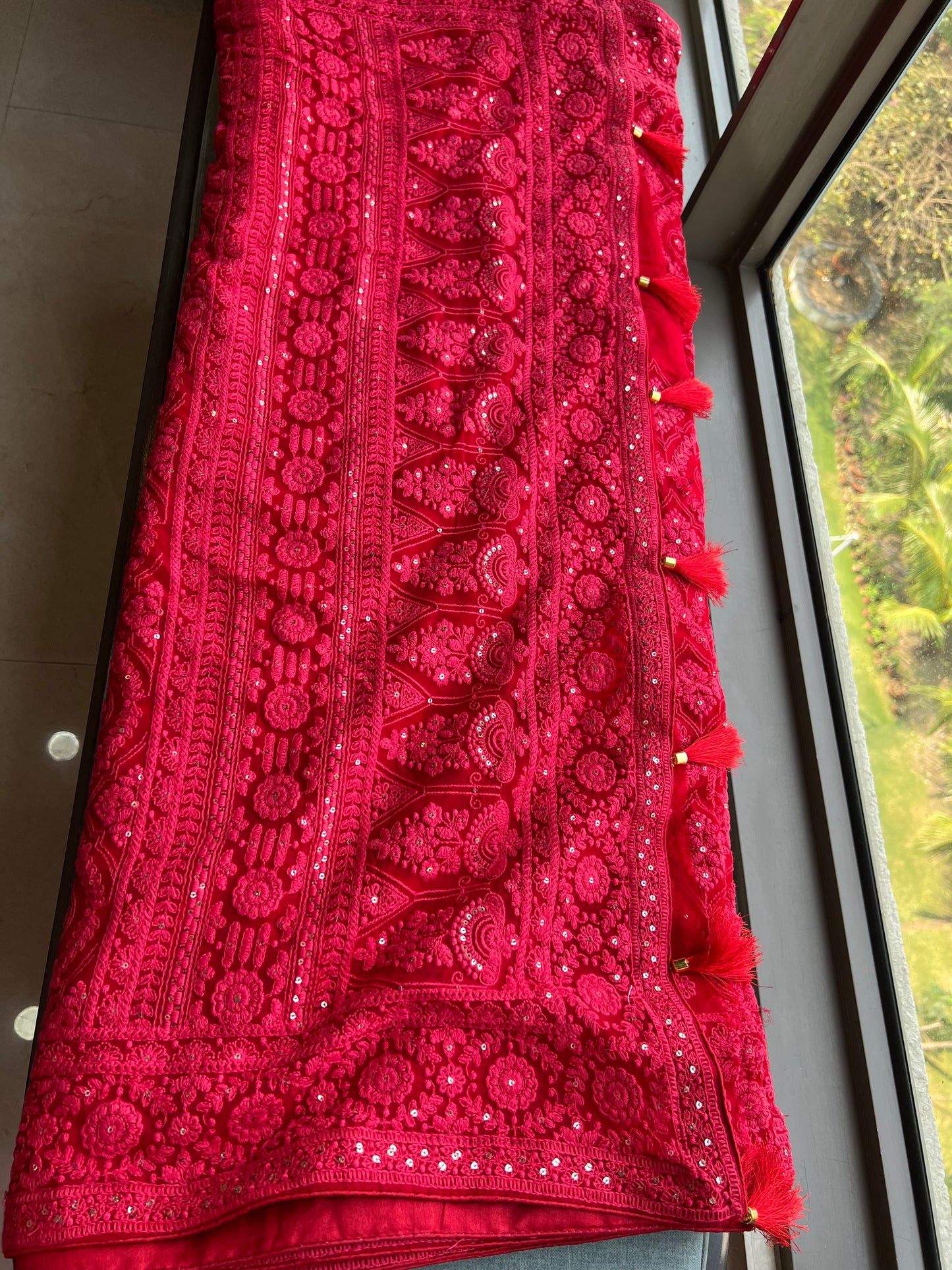 Red Saree Chikankari saree Indian sari blouse - Sluxe Fashions