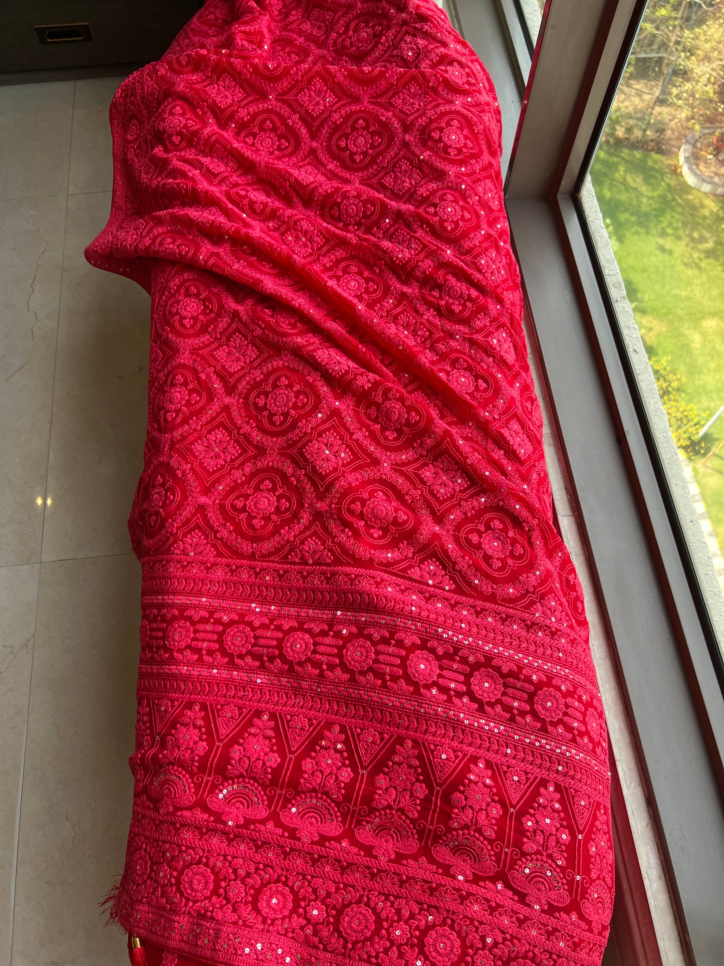 Red Saree Chikankari saree Indian sari blouse - Sluxe Fashions