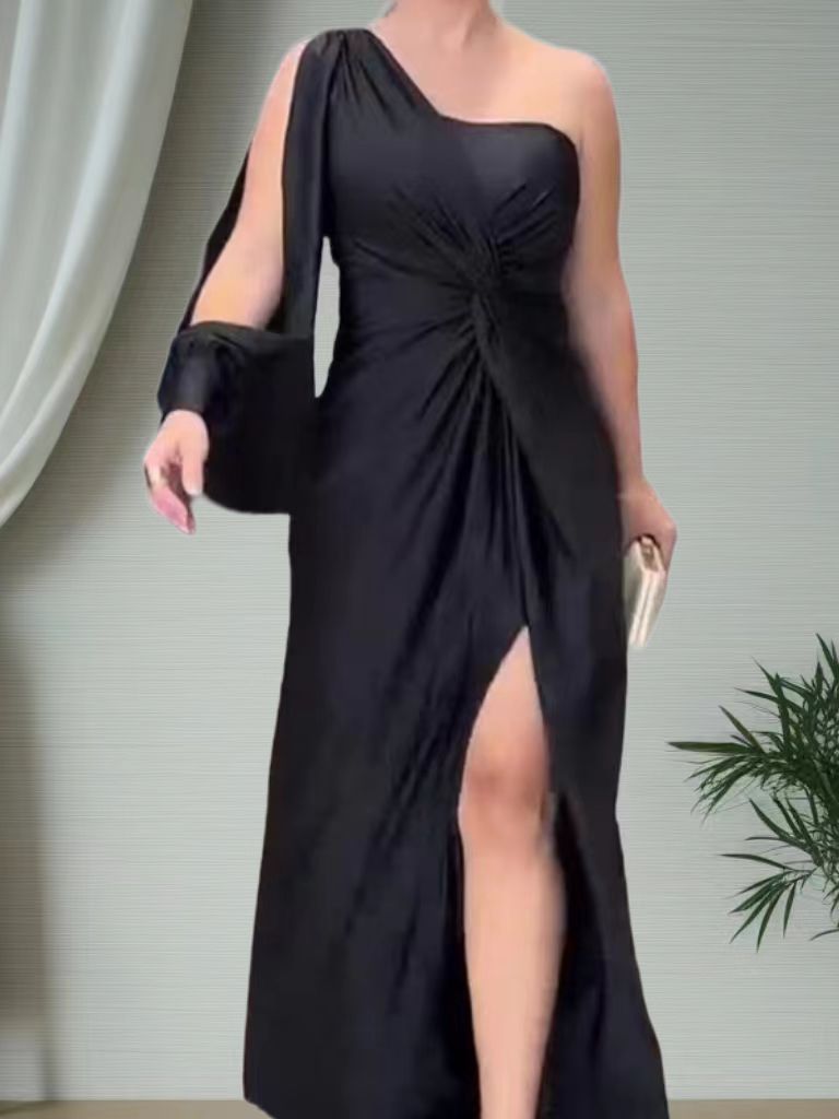 Diagonal Collar Raglan Sleeves Pleated Waist Tight Solid Color Slim Fit Dress - Sluxe Fashions