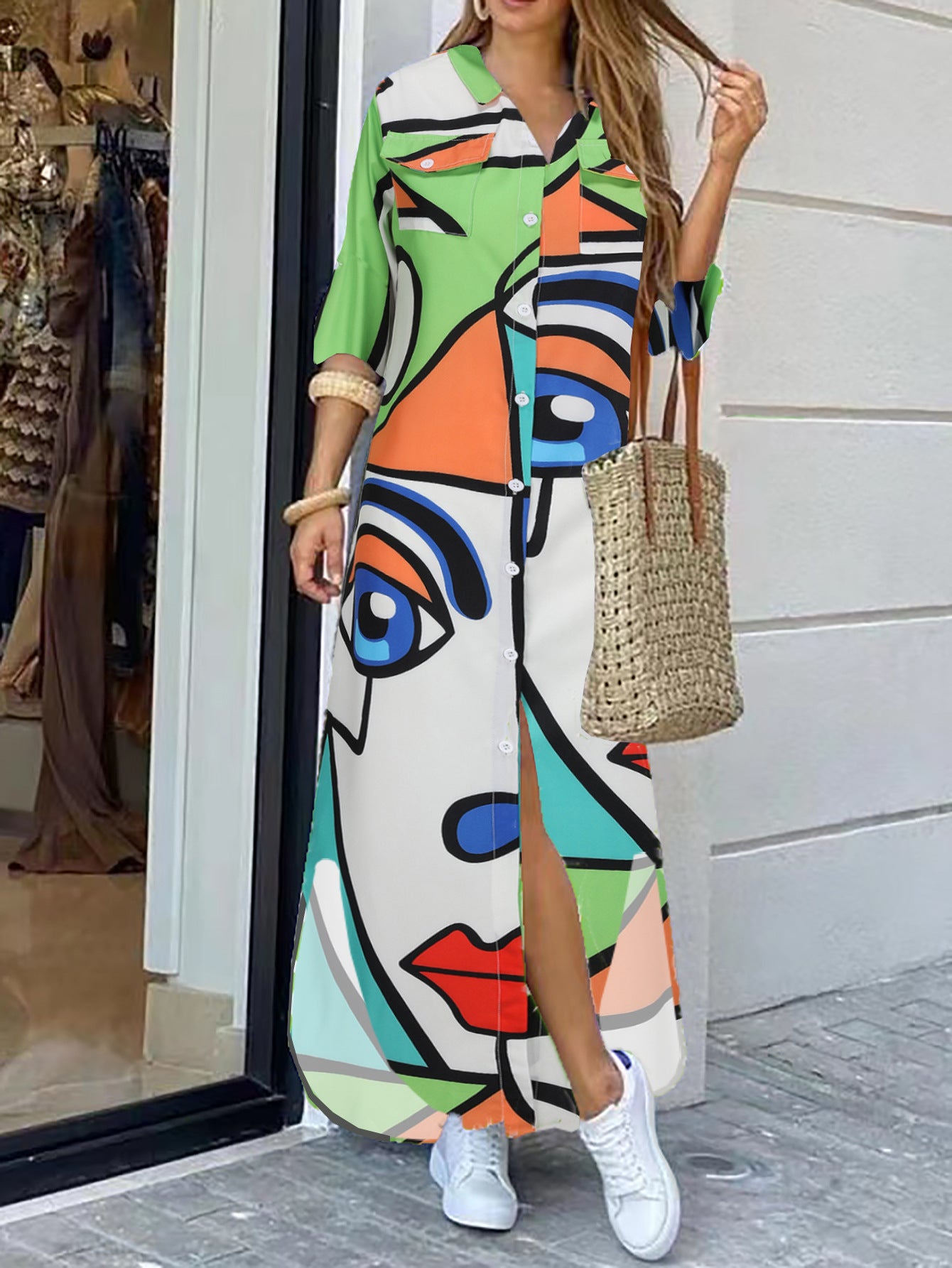 Fashion Long Sleeve Printing Shirt Dress Casual Long Dress - Sluxe Fashions