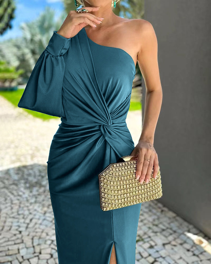 Diagonal Collar Raglan Sleeves Pleated Waist Tight Solid Color Slim Fit Dress - Sluxe Fashions