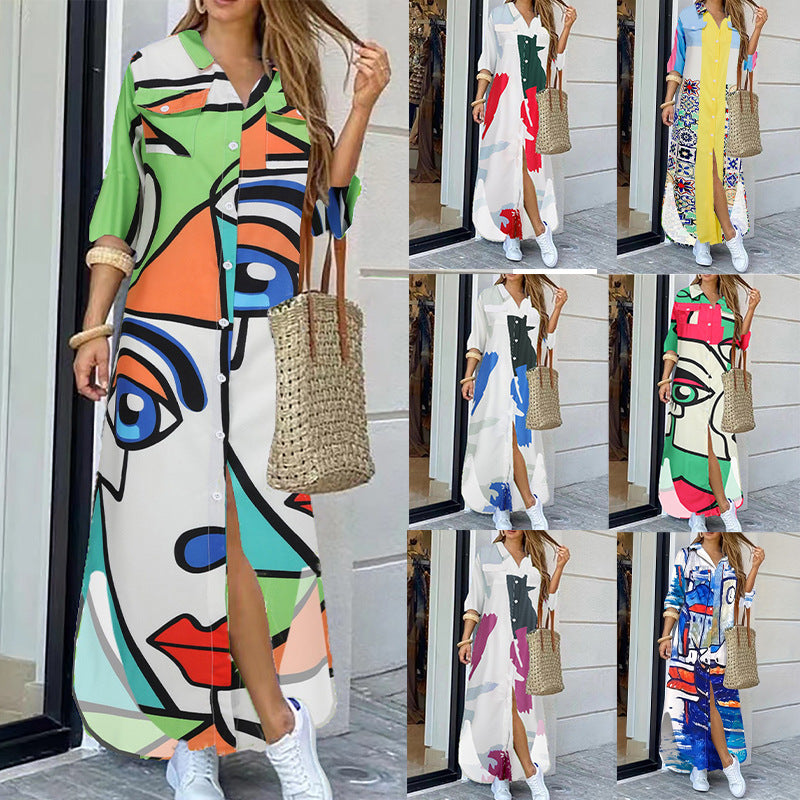 Fashion Long Sleeve Printing Shirt Dress Casual Long Dress - Sluxe Fashions