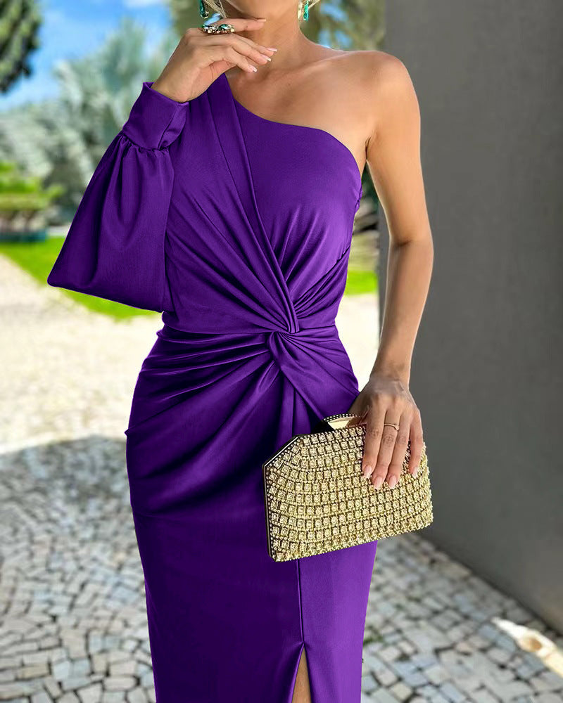 Diagonal Collar Raglan Sleeves Pleated Waist Tight Solid Color Slim Fit Dress - Sluxe Fashions