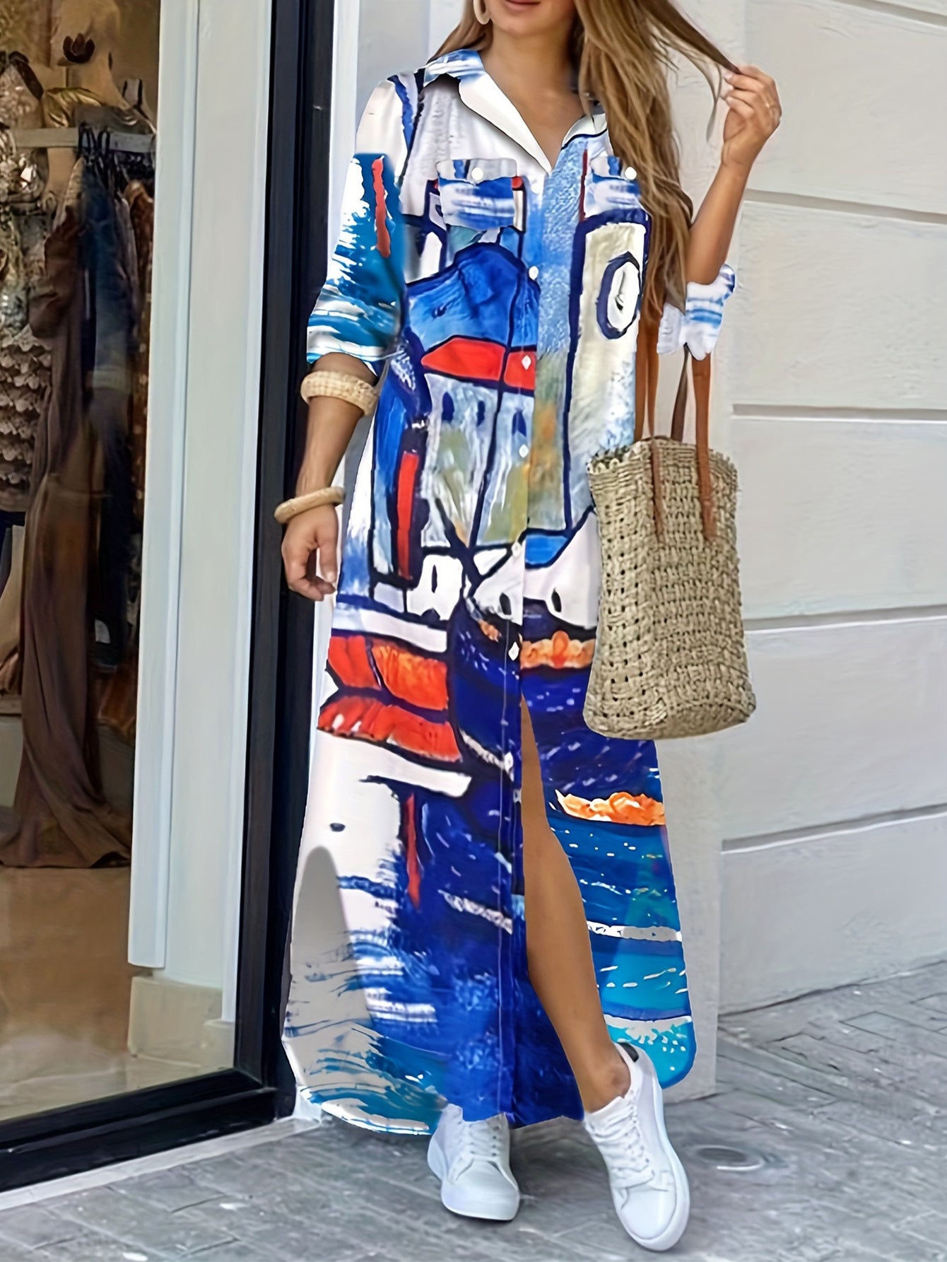 Fashion Long Sleeve Printing Shirt Dress Casual Long Dress - Sluxe Fashions