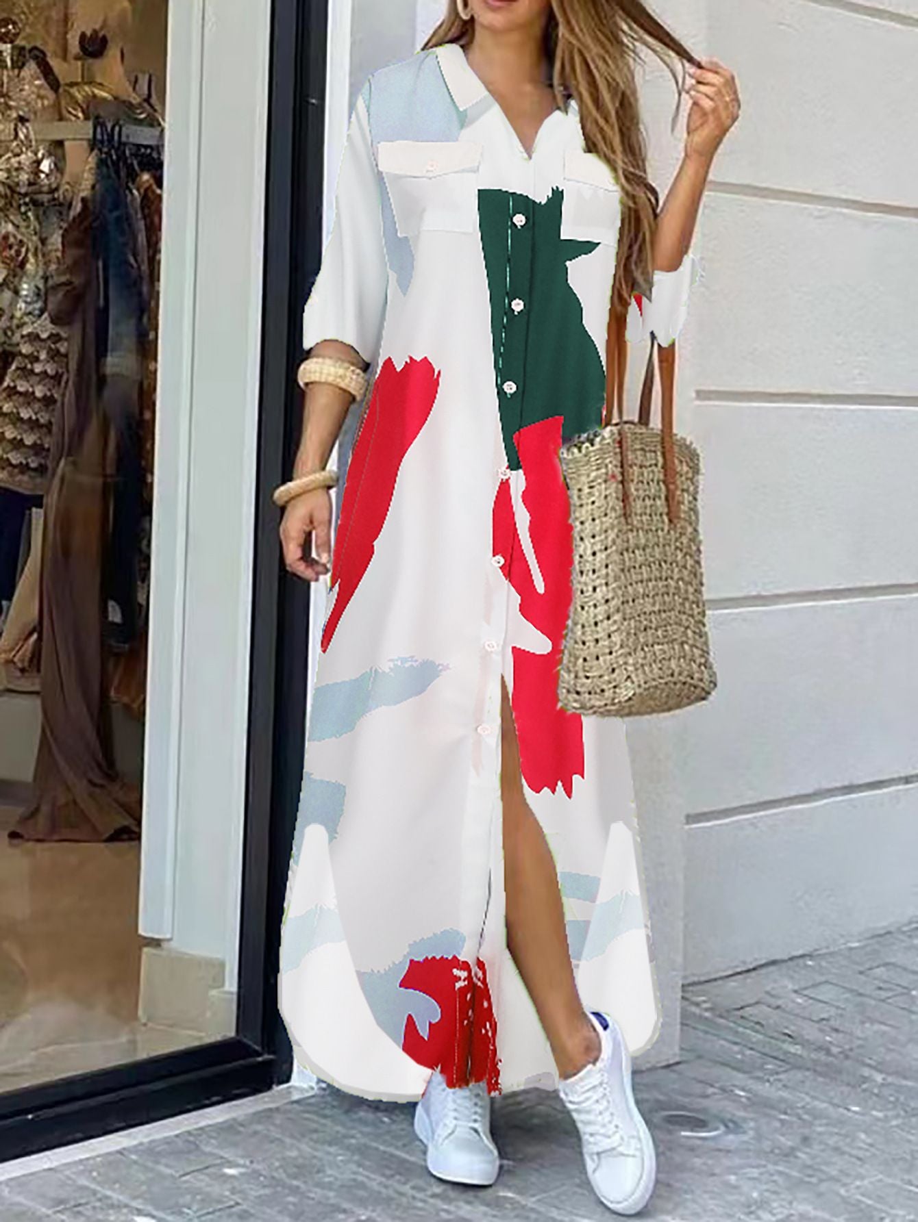 Fashion Long Sleeve Printing Shirt Dress Casual Long Dress - Sluxe Fashions