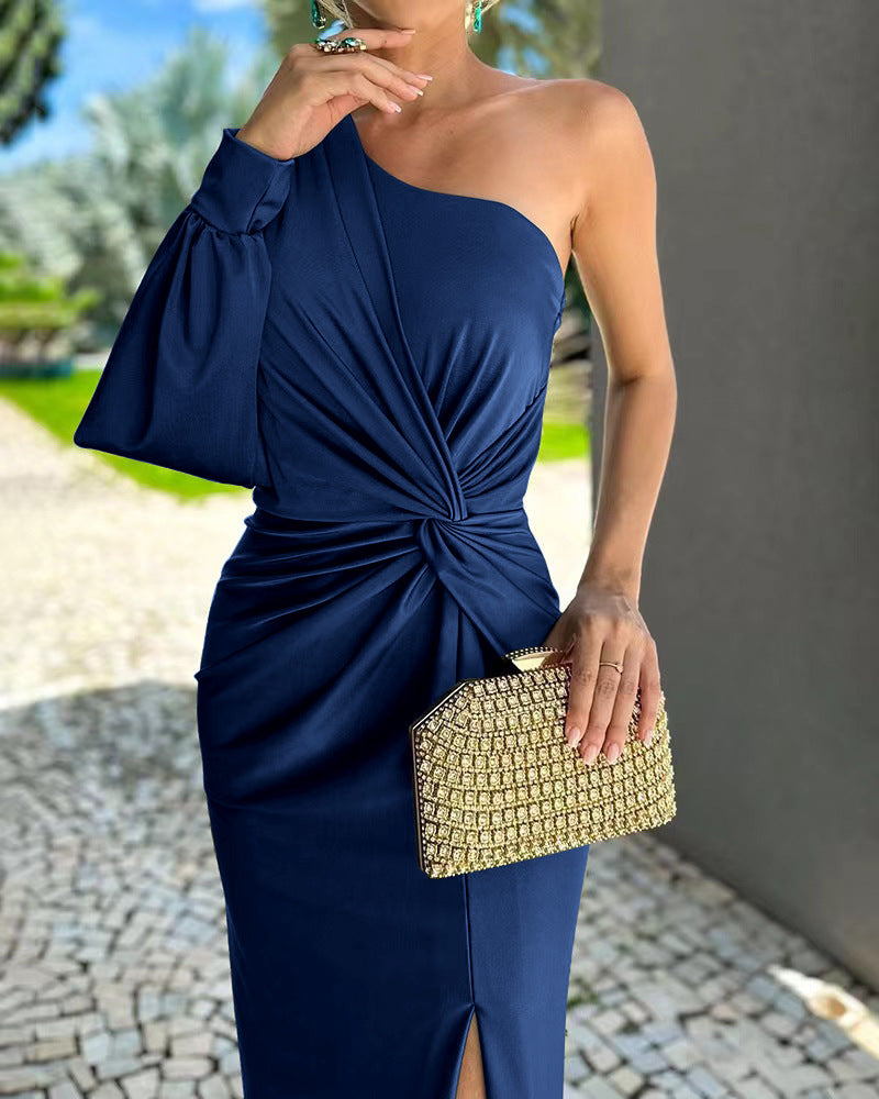 Diagonal Collar Raglan Sleeves Pleated Waist Tight Solid Color Slim Fit Dress - Sluxe Fashions