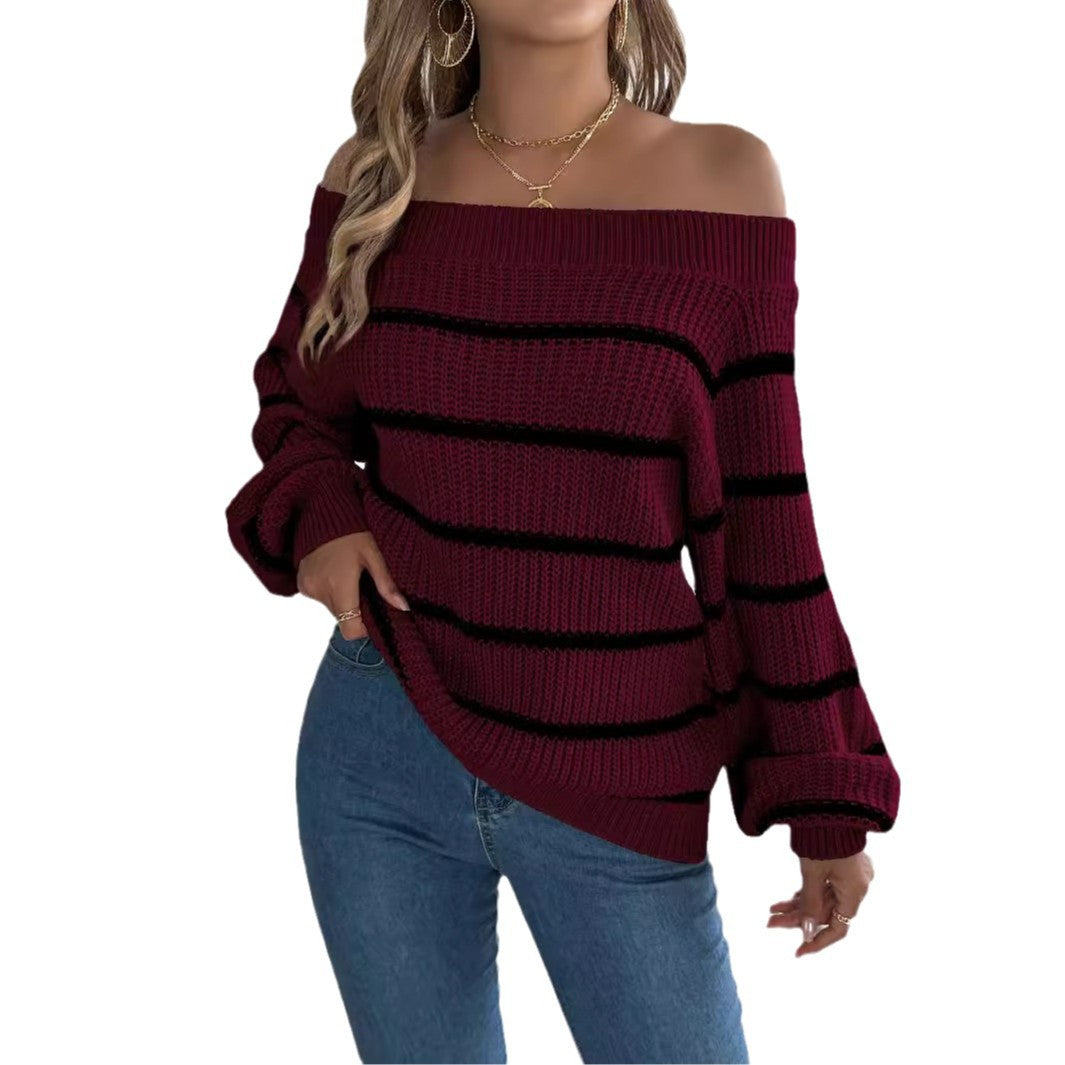 Striped Off-the-shoulder Lantern Sleeve Pullover - Sluxe Fashions