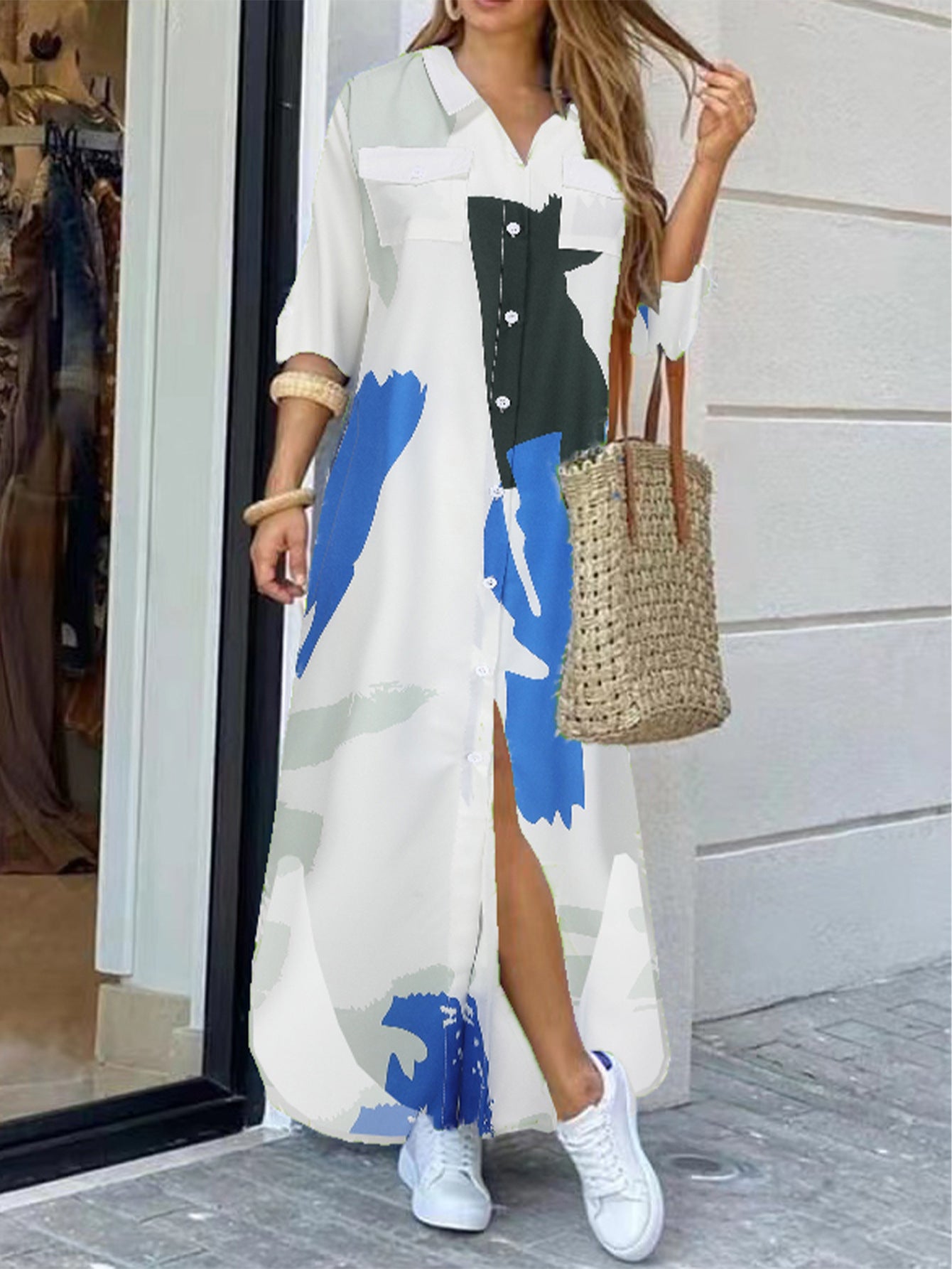 Fashion Long Sleeve Printing Shirt Dress Casual Long Dress - Sluxe Fashions