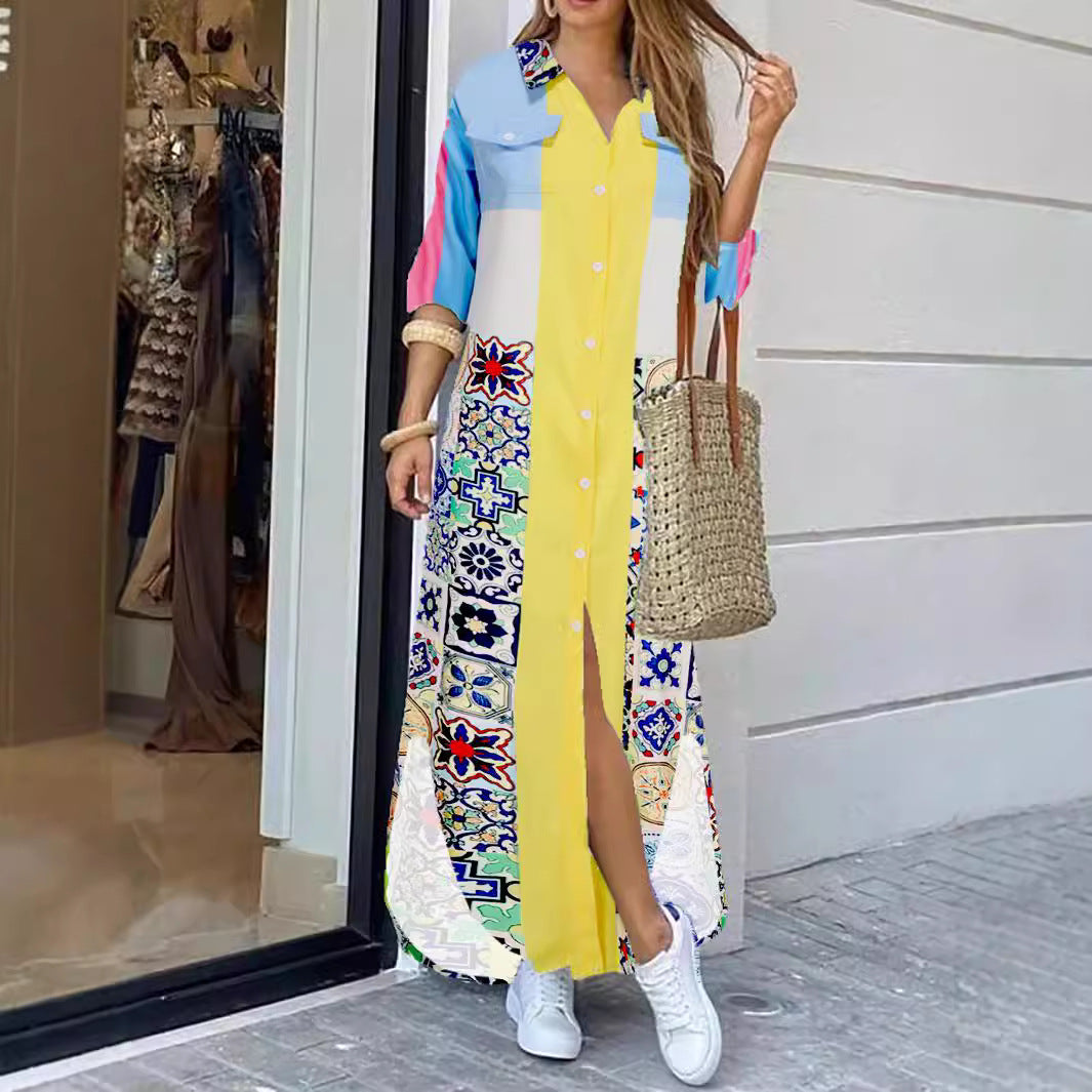 Fashion Long Sleeve Printing Shirt Dress Casual Long Dress - Sluxe Fashions