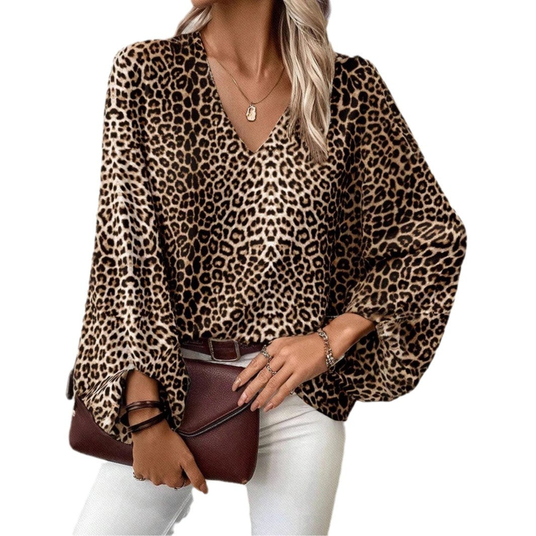 European And American V-neck Leopard Print Casual Long-sleeved Top - Sluxe Fashions