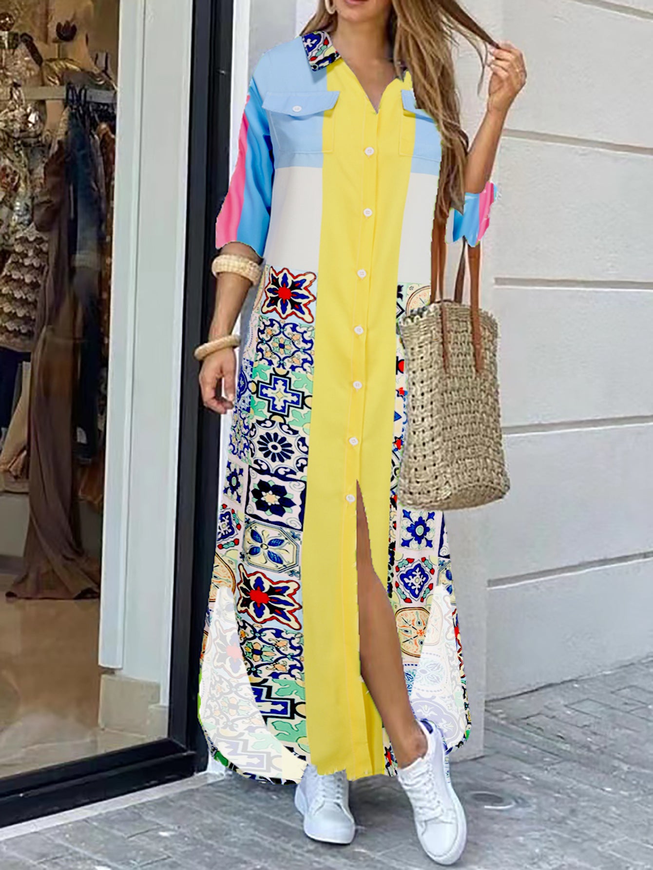 Fashion Long Sleeve Printing Shirt Dress Casual Long Dress - Sluxe Fashions