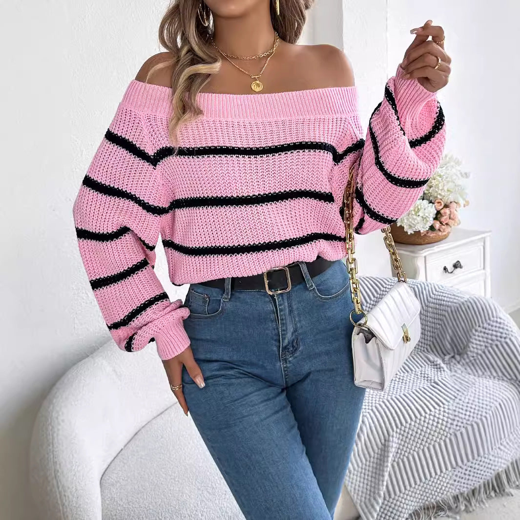Striped Off-the-shoulder Lantern Sleeve Pullover - Sluxe Fashions