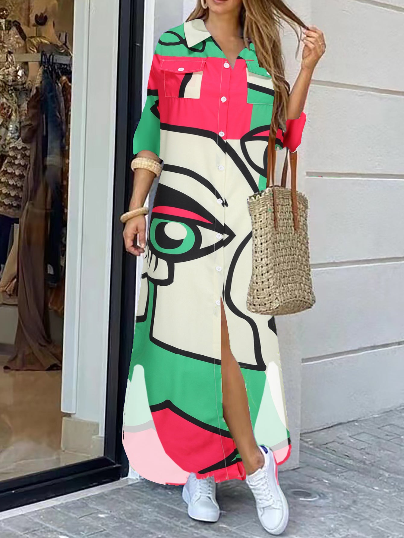 Fashion Long Sleeve Printing Shirt Dress Casual Long Dress - Sluxe Fashions