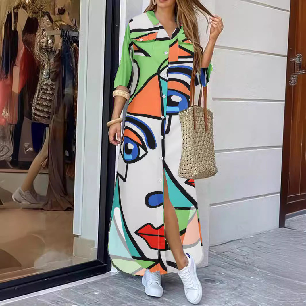 Fashion Long Sleeve Printing Shirt Dress Casual Long Dress - Sluxe Fashions