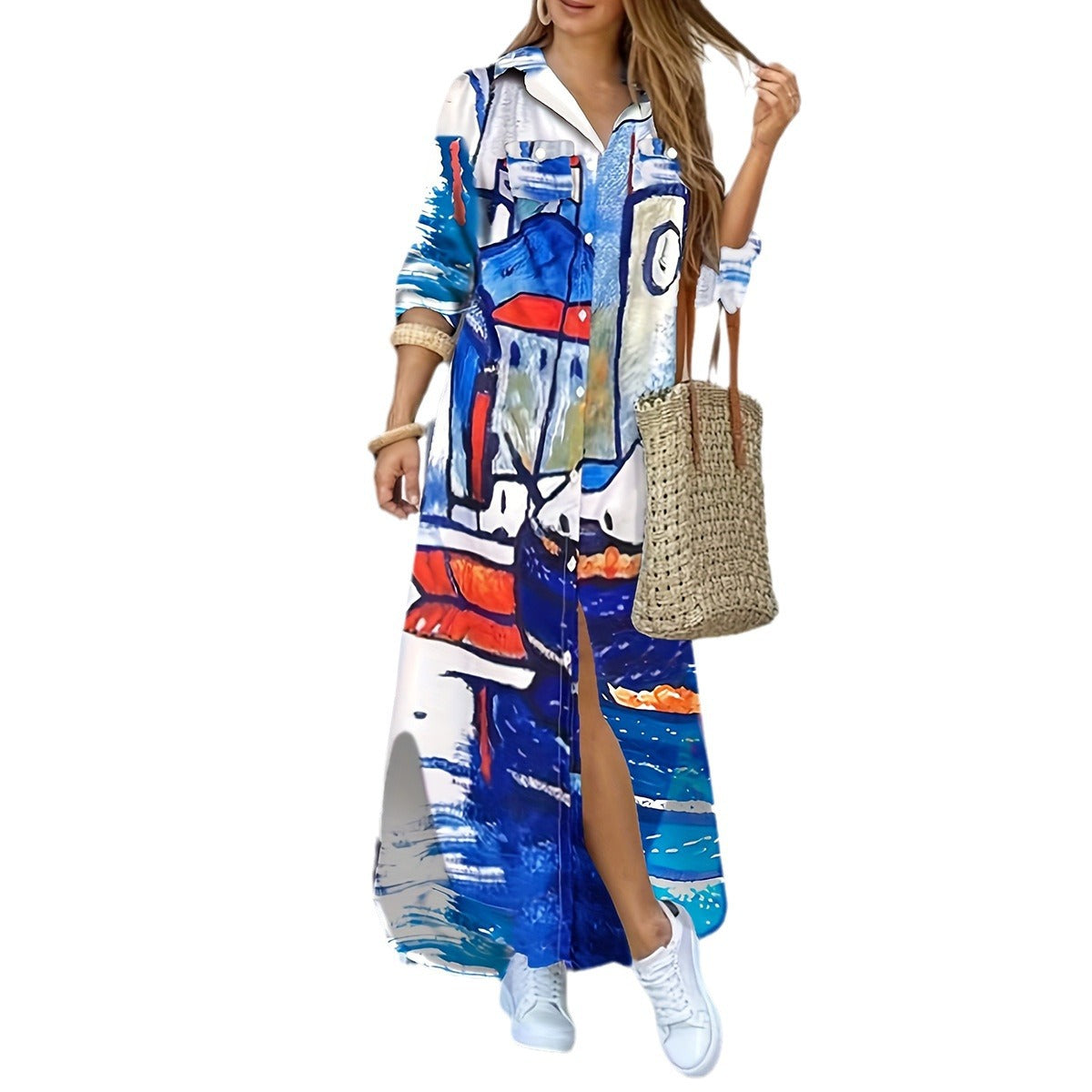 Fashion Long Sleeve Printing Shirt Dress Casual Long Dress - Sluxe Fashions