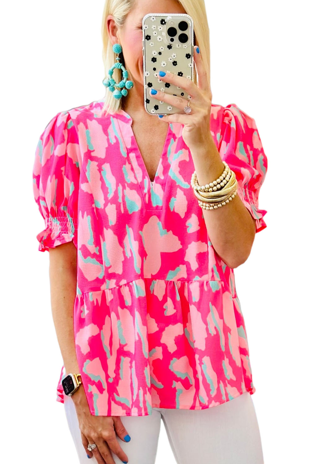 Rose Plus Size Abstract Print Puff Sleeve V Neck Blouse - Sluxe Fashions