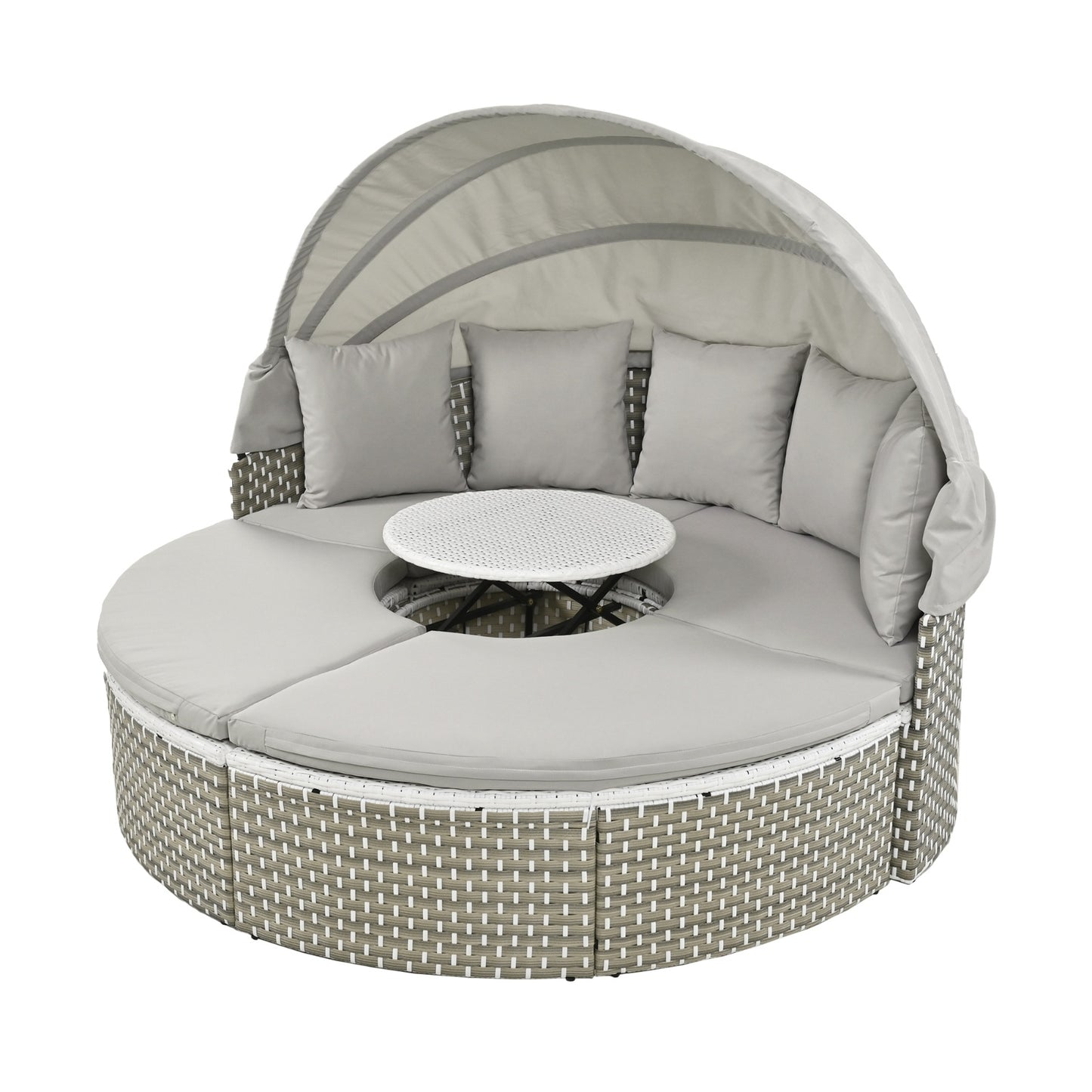 TOPMAX Patio Furniture Round Outdoor Sectional Sofa Set Rattan Daybed Two-Tone Weave Sunbed With Ret - Sluxe Global