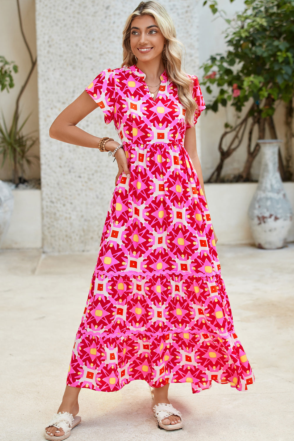 Sea Green Abstract Print Pleated Flounce Sleeve Maxi Dress - Sluxe Fashions