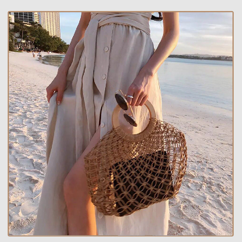 Woven Round Wooden Handle Casual Women's Handbag - Sluxe Fashions