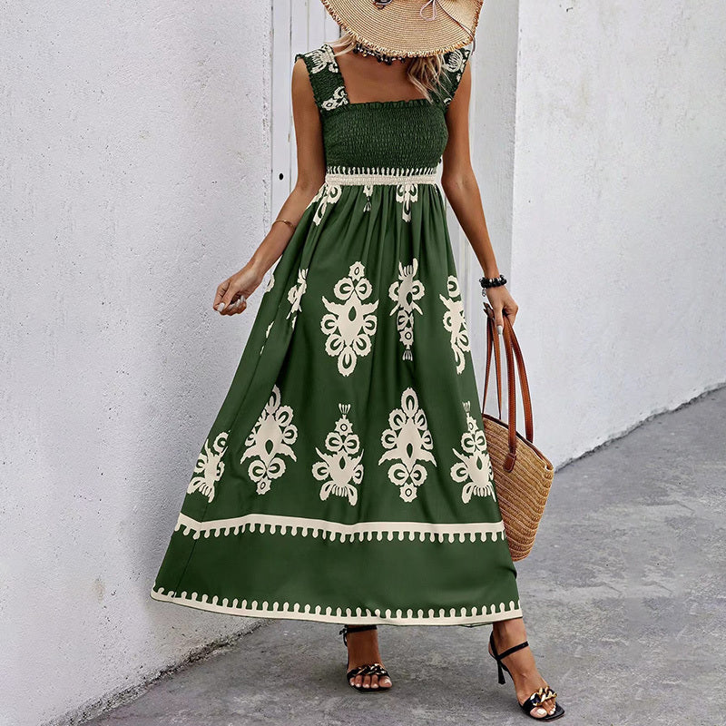 Women's Wide Strap Printed Maxi Dress With Bust Pleats, A-Line Vacation Dress - Sluxe Global
