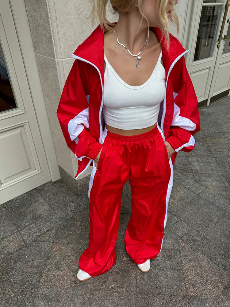 Casual Loose Color Matching Long Sleeve Zipper Cardigan Sports Suit - Sluxe Global