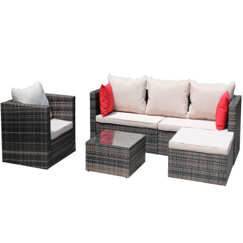 Rattan Patio Furniture Set Wicker Sofa Cushioned Sectional Furniture Set Garden Patio Sofa Set 4 Pieces, Brown - Sluxe Global