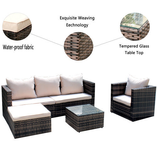 Rattan Patio Furniture Set Wicker Sofa Cushioned Sectional Furniture Set Garden Patio Sofa Set 4 Pieces, Brown - Sluxe Global