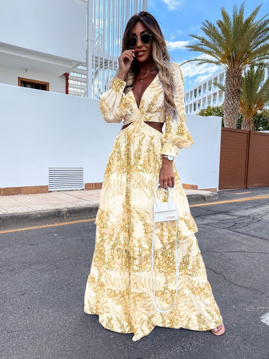 Elegant Women's Hollow Floor V-neck Long-sleeved Plant Dress Long Dresses Spring Summer Print V-neck Long Sleeve Dress - Sluxe Global