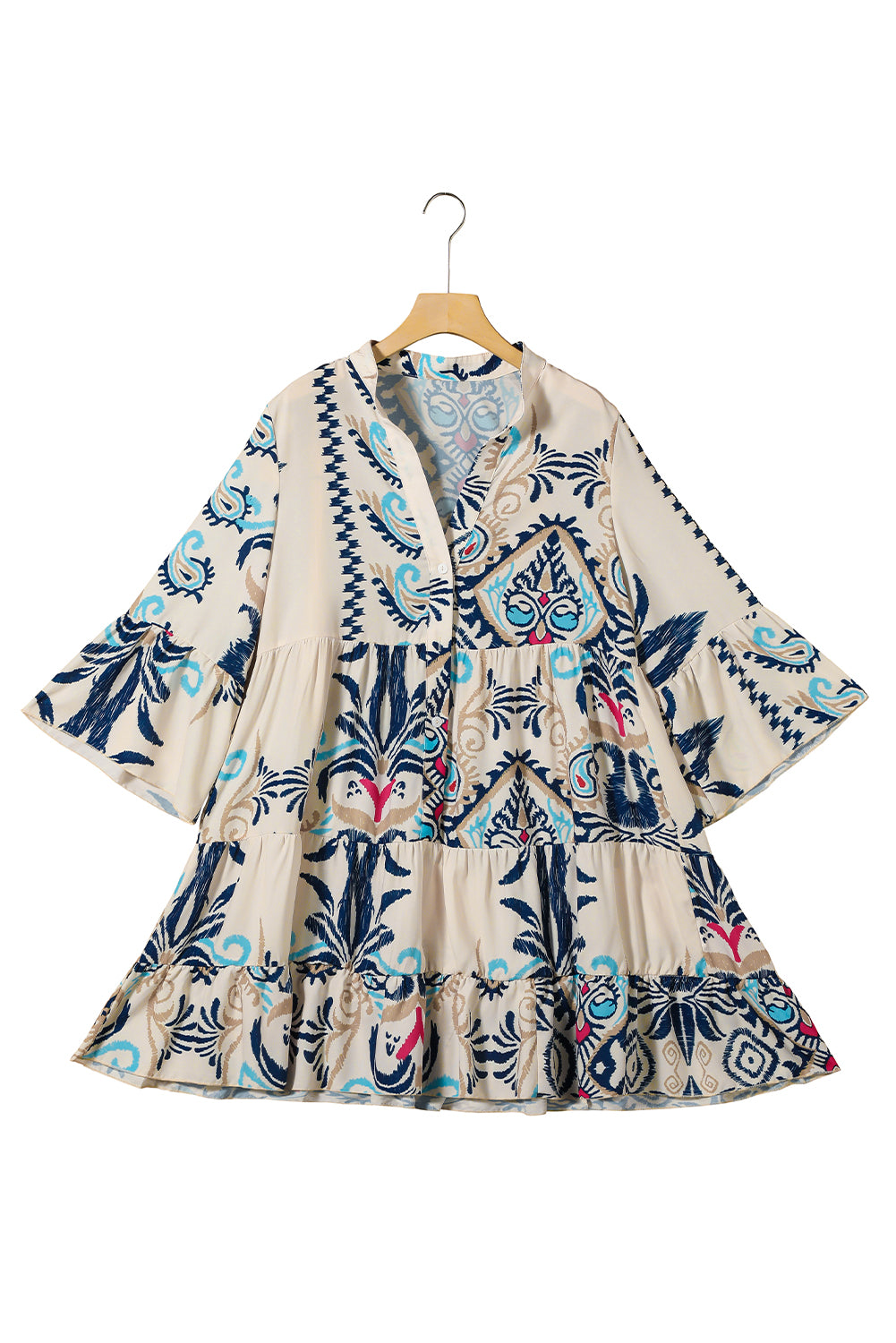 White Ethnic Print Boho Button Tiered Mini Dress - Sluxe Fashions