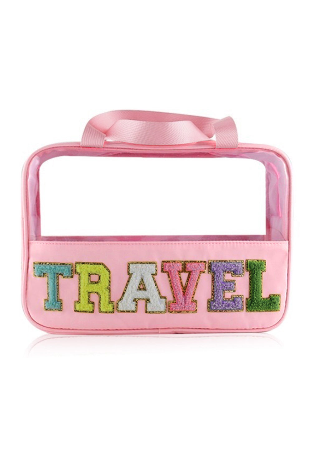 Black TRAVEL Chenille Letter Clear PVC Makeup Bag - Sluxe Fashions