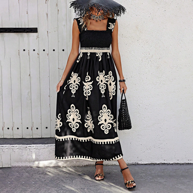Women's Wide Strap Printed Maxi Dress With Bust Pleats, A-Line Vacation Dress - Sluxe Global