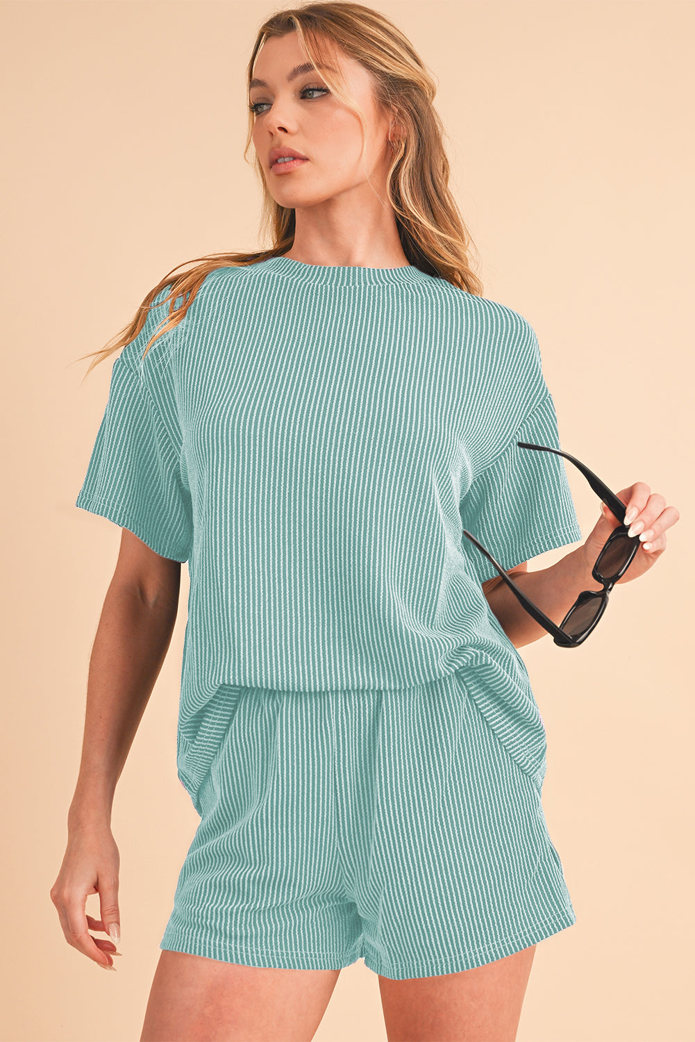 Orange Ribbed Textured Loose Fit Tee & Shorts Set - Sluxe Fashions