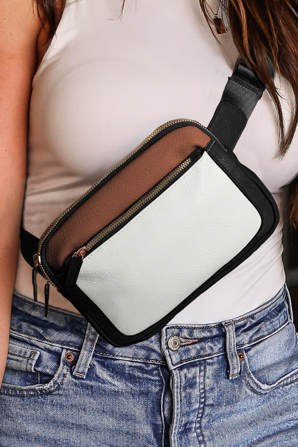 White Color Block Adjustable Belt PU Leather Crossbody Bag - Sluxe Fashions