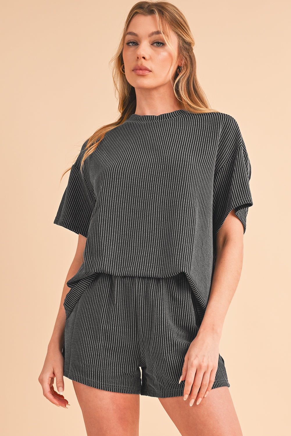 Orange Ribbed Textured Loose Fit Tee & Shorts Set - Sluxe Fashions