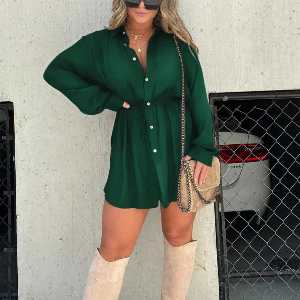 Women's Long Sleeve Jumpsuit With Button Fashion Shirt Dress - Sluxe Fashions