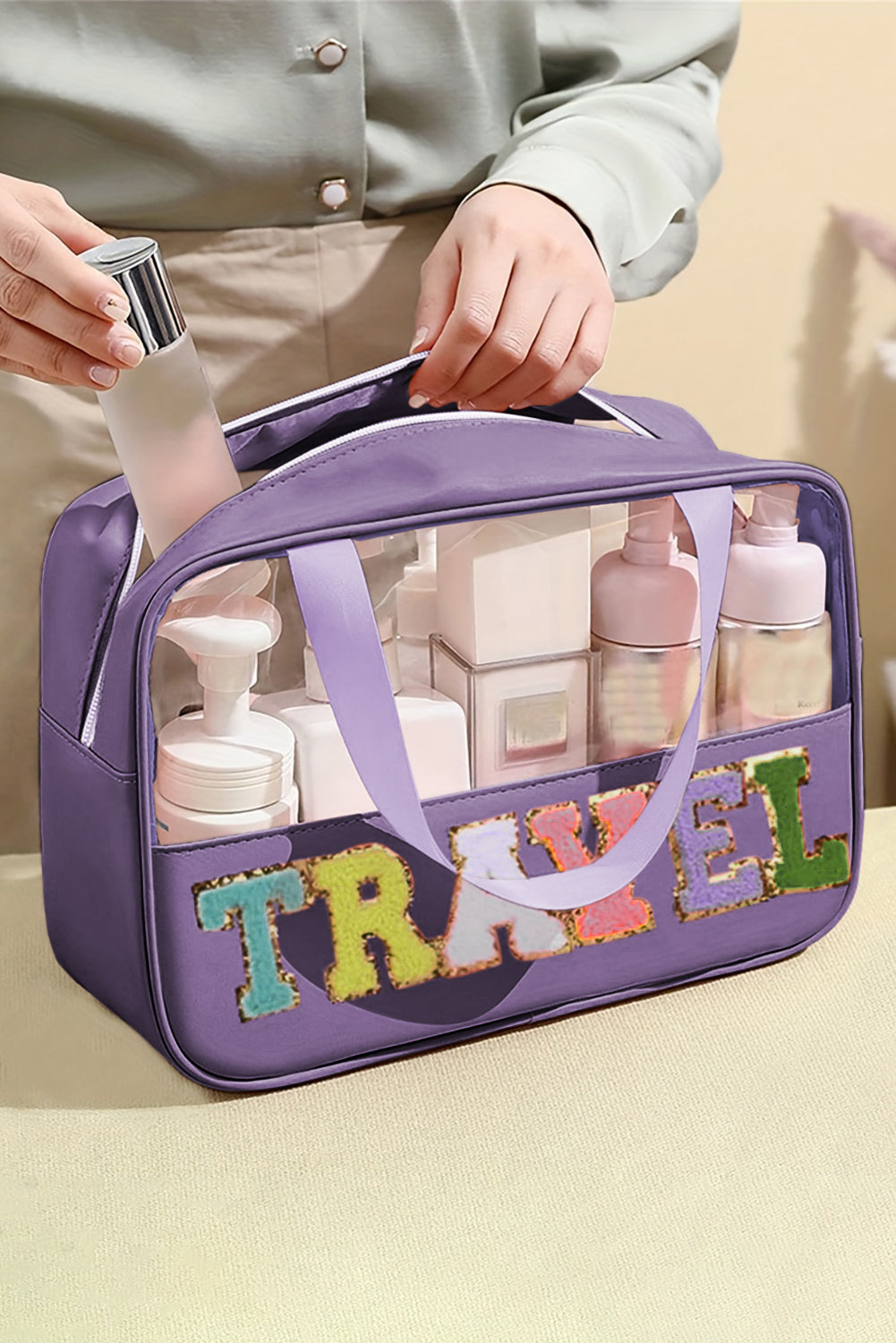 Black TRAVEL Chenille Letter Clear PVC Makeup Bag - Sluxe Fashions