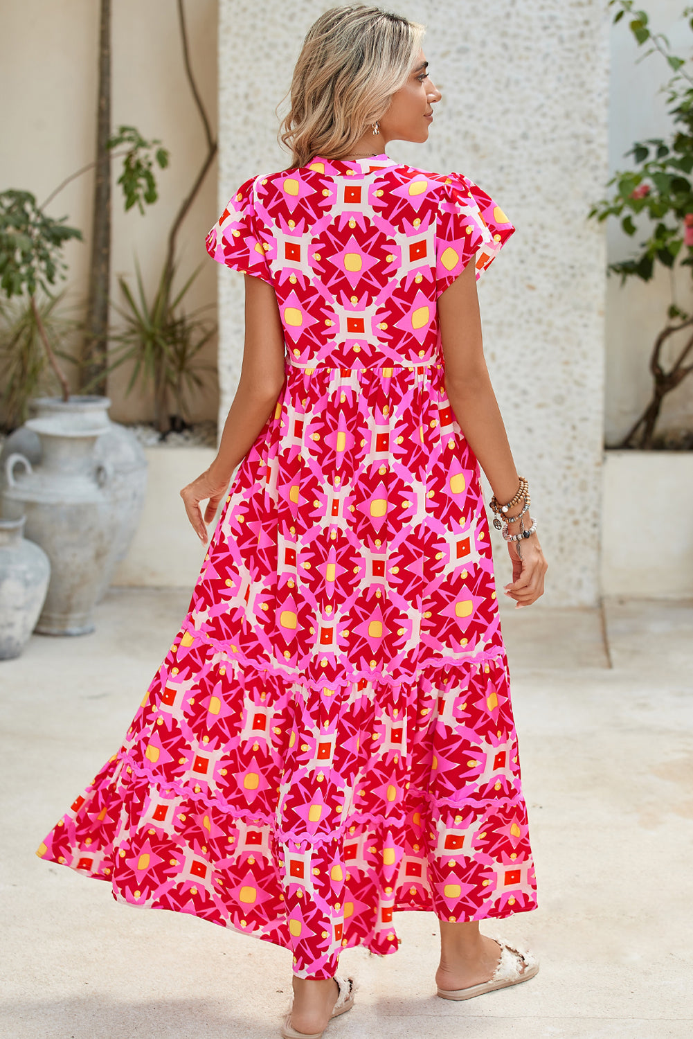 Sea Green Abstract Print Pleated Flounce Sleeve Maxi Dress - Sluxe Fashions