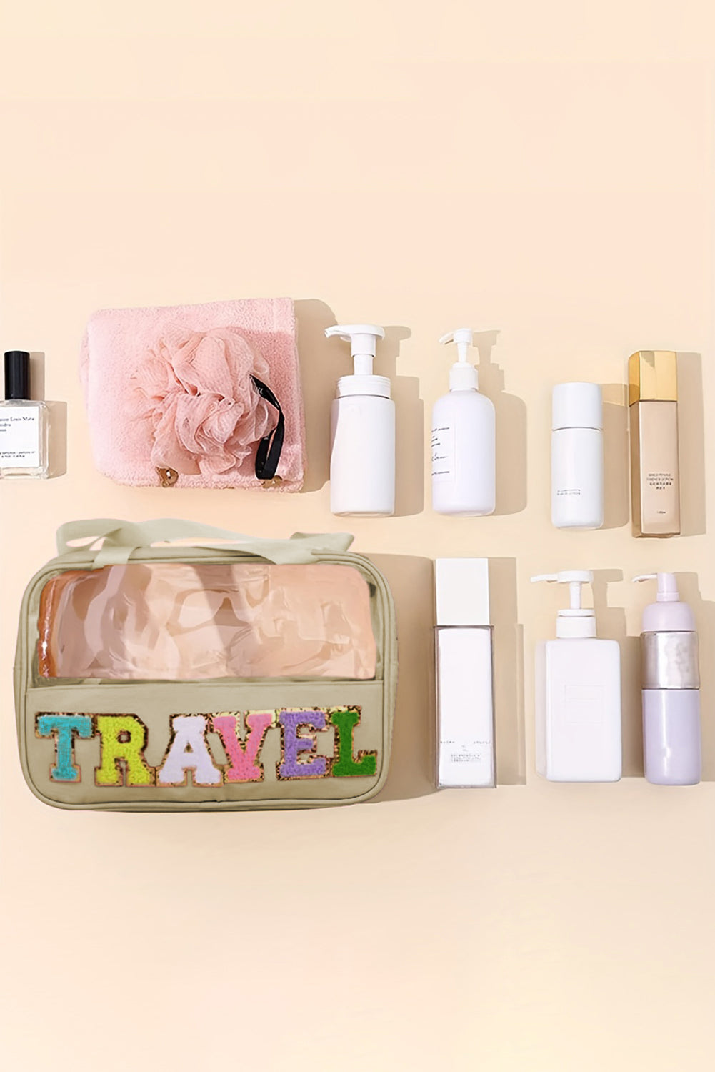 Black TRAVEL Chenille Letter Clear PVC Makeup Bag - Sluxe Fashions