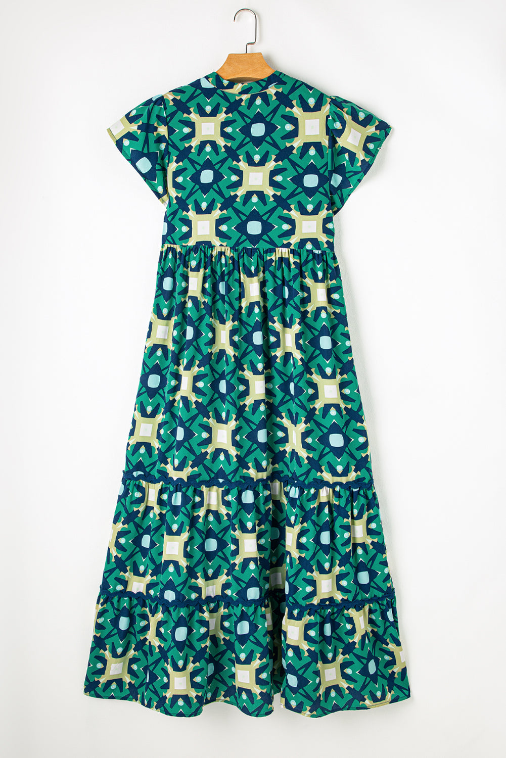 Sea Green Abstract Print Pleated Flounce Sleeve Maxi Dress - Sluxe Fashions