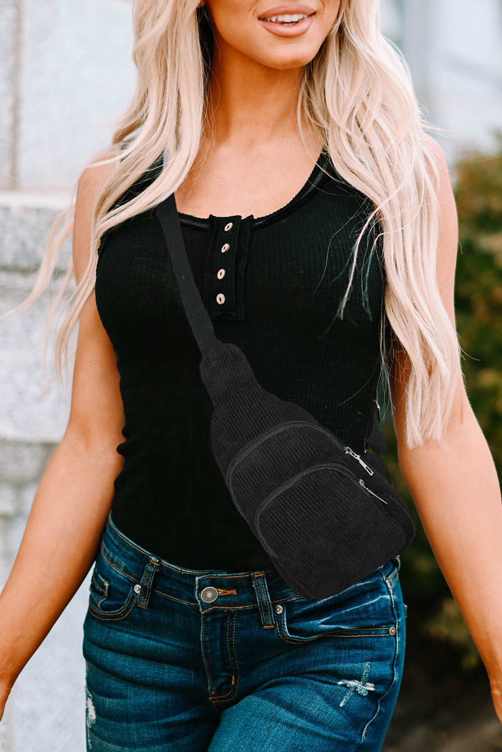 Black Casual Corduroy Zipper Crossbody Bag - Sluxe Fashions