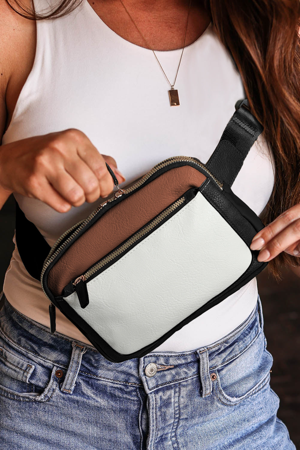 White Color Block Adjustable Belt PU Leather Crossbody Bag - Sluxe Fashions