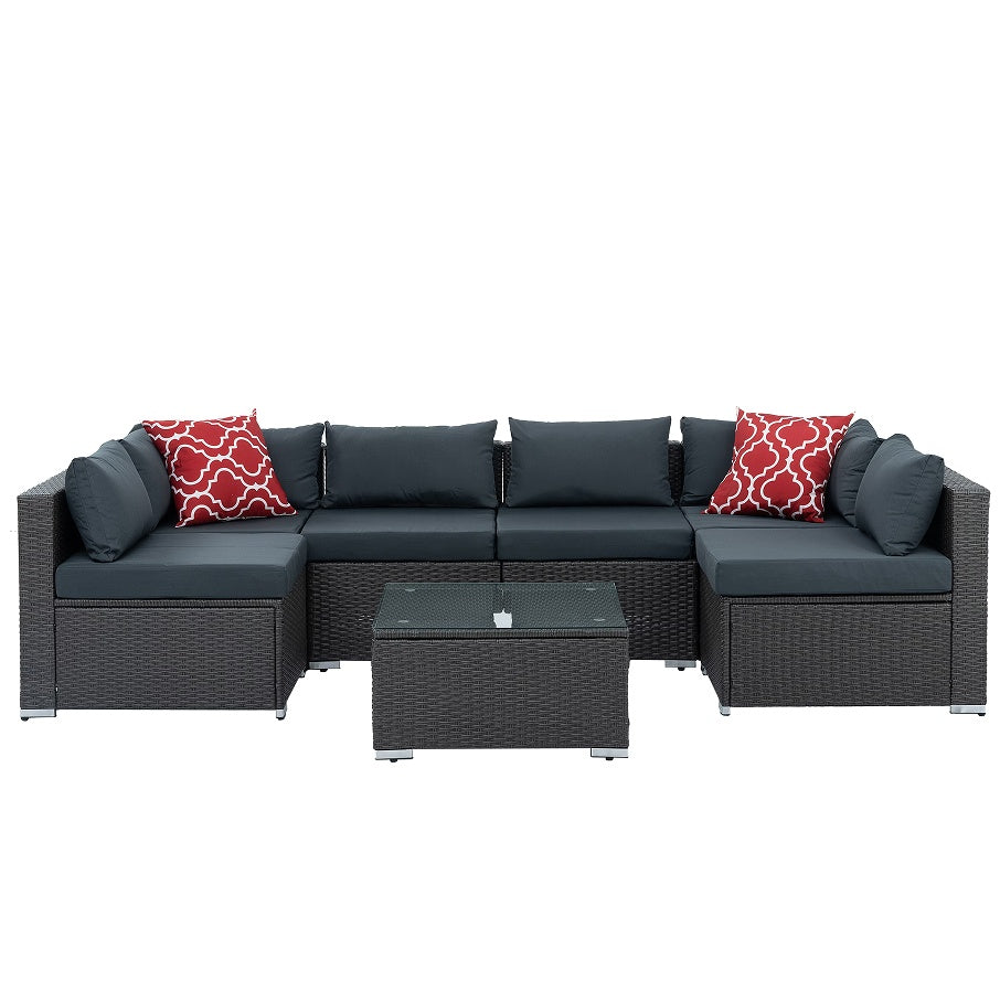 Patio Furniture, Outdoor Furniture, Seasonal PE Wicker Furniture, 7 Set Wicker Furniture With Tempered Glass Coffee Table - Sluxe Fashions