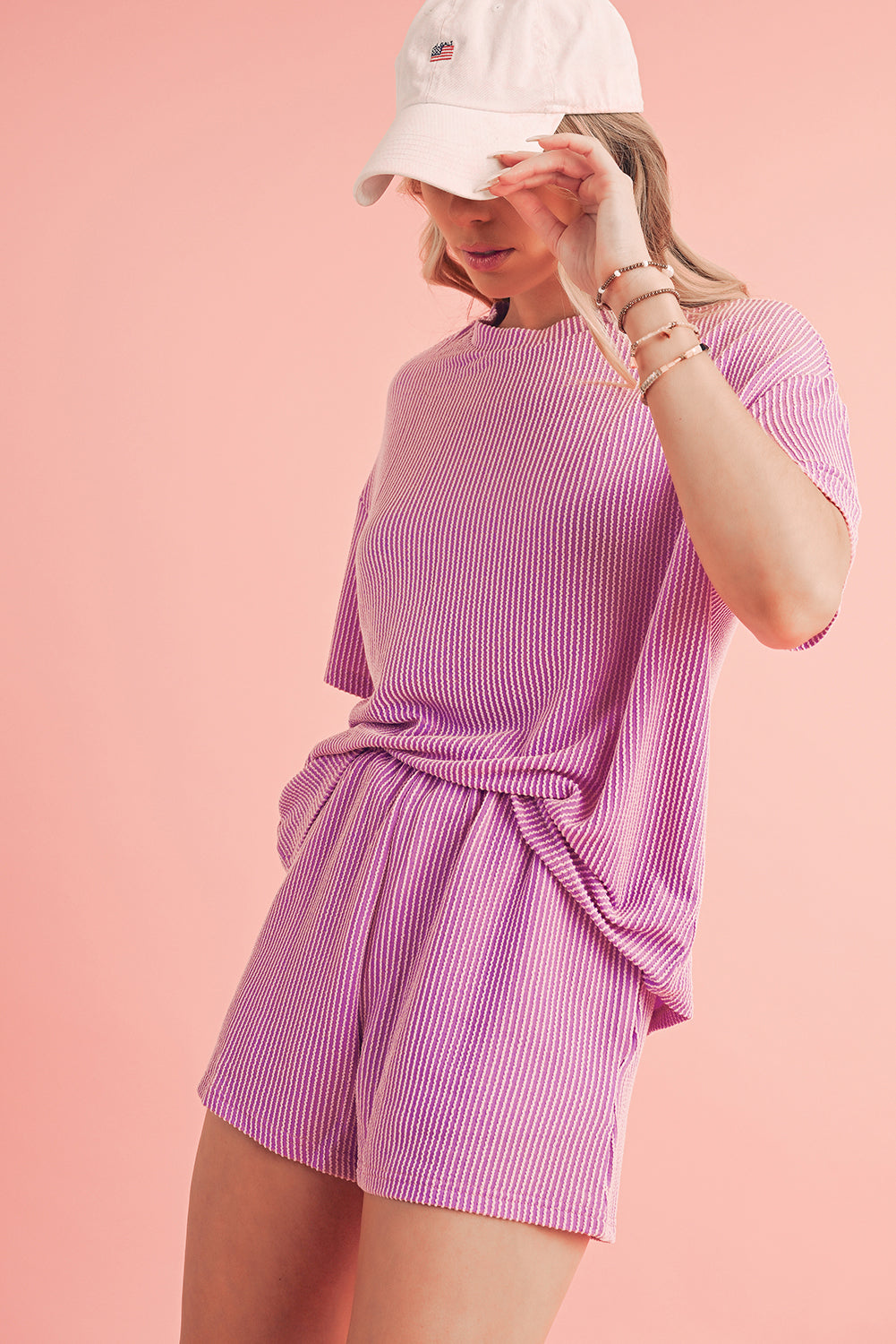 Orange Ribbed Textured Loose Fit Tee & Shorts Set - Sluxe Fashions