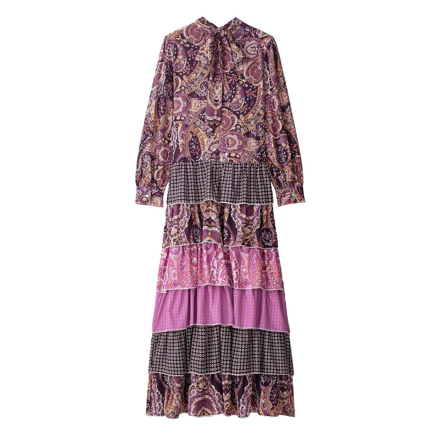 Women's Clothing Stitching Printing Pullover Stand Collar Long Dress - Sluxe Global