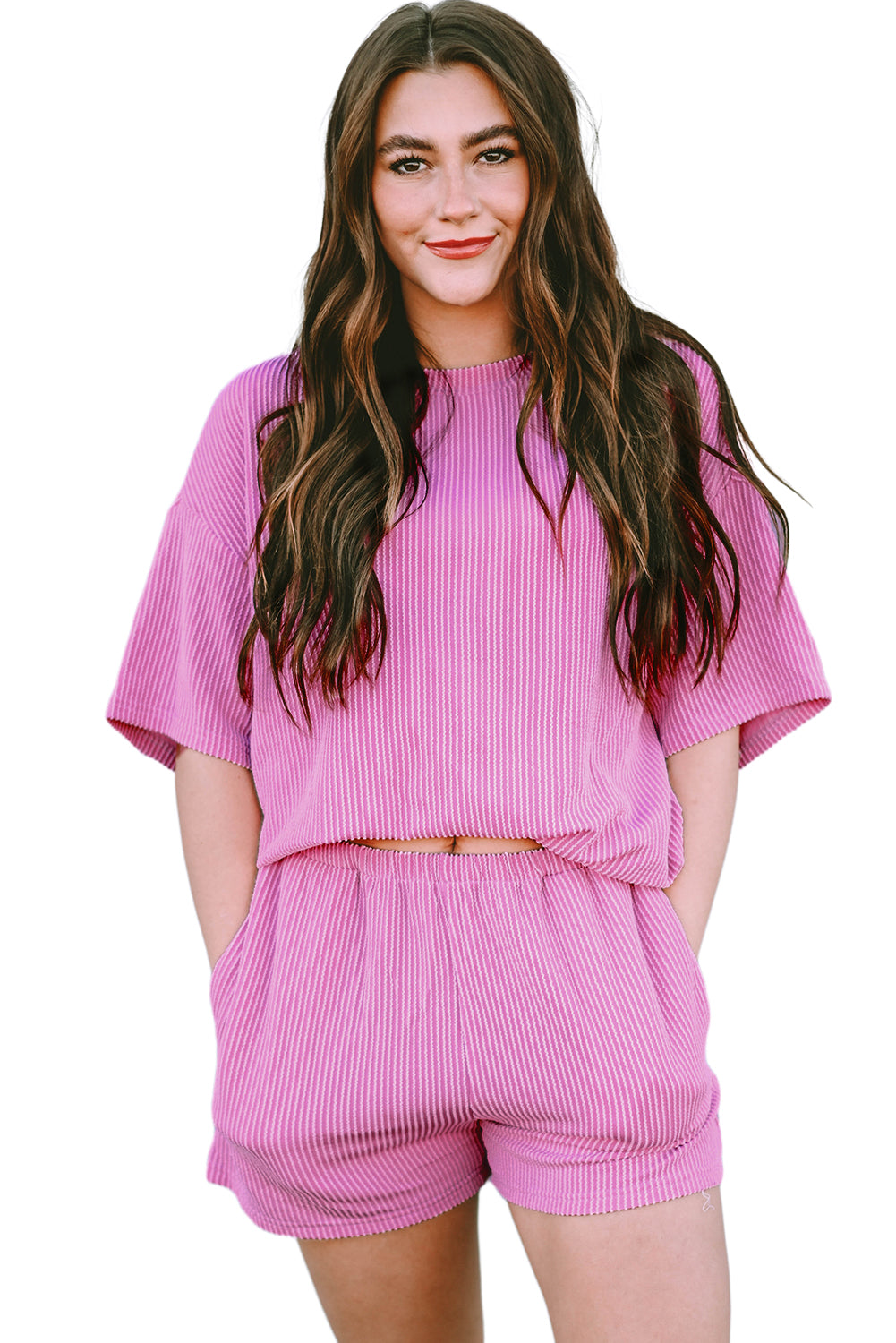 Orange Ribbed Textured Loose Fit Tee & Shorts Set - Sluxe Fashions