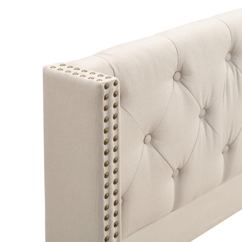 Upholstered Bed,Double Bed-4ft6 135x190cm ,With Slatted Frame And Headboard, Button Upholstery, Rivet Upholstery, Wooden Legs, Linen, Beige