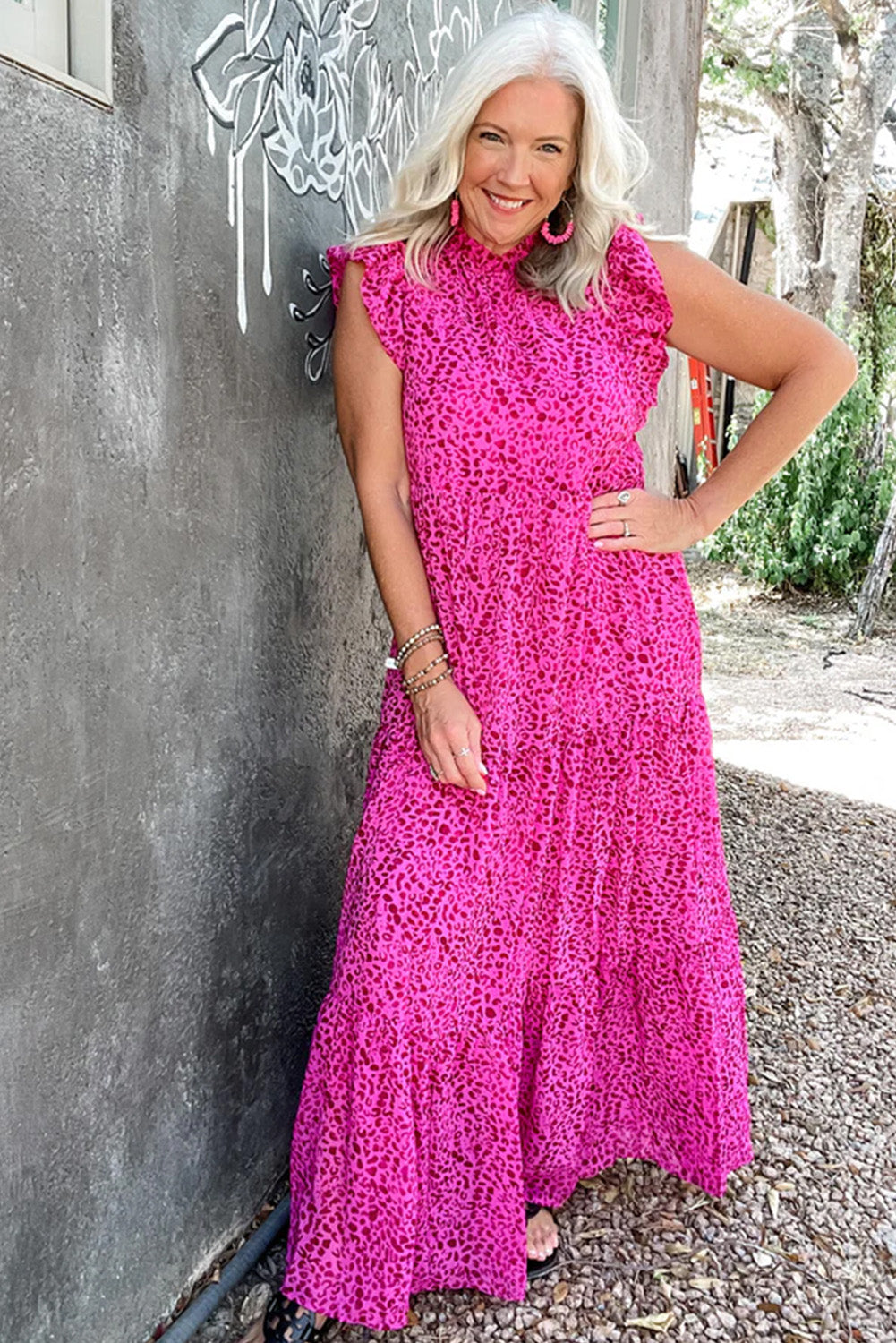 Rose Red Leopard Print Ruffle Sleeveless Maxi Dress - Sluxe Fashions