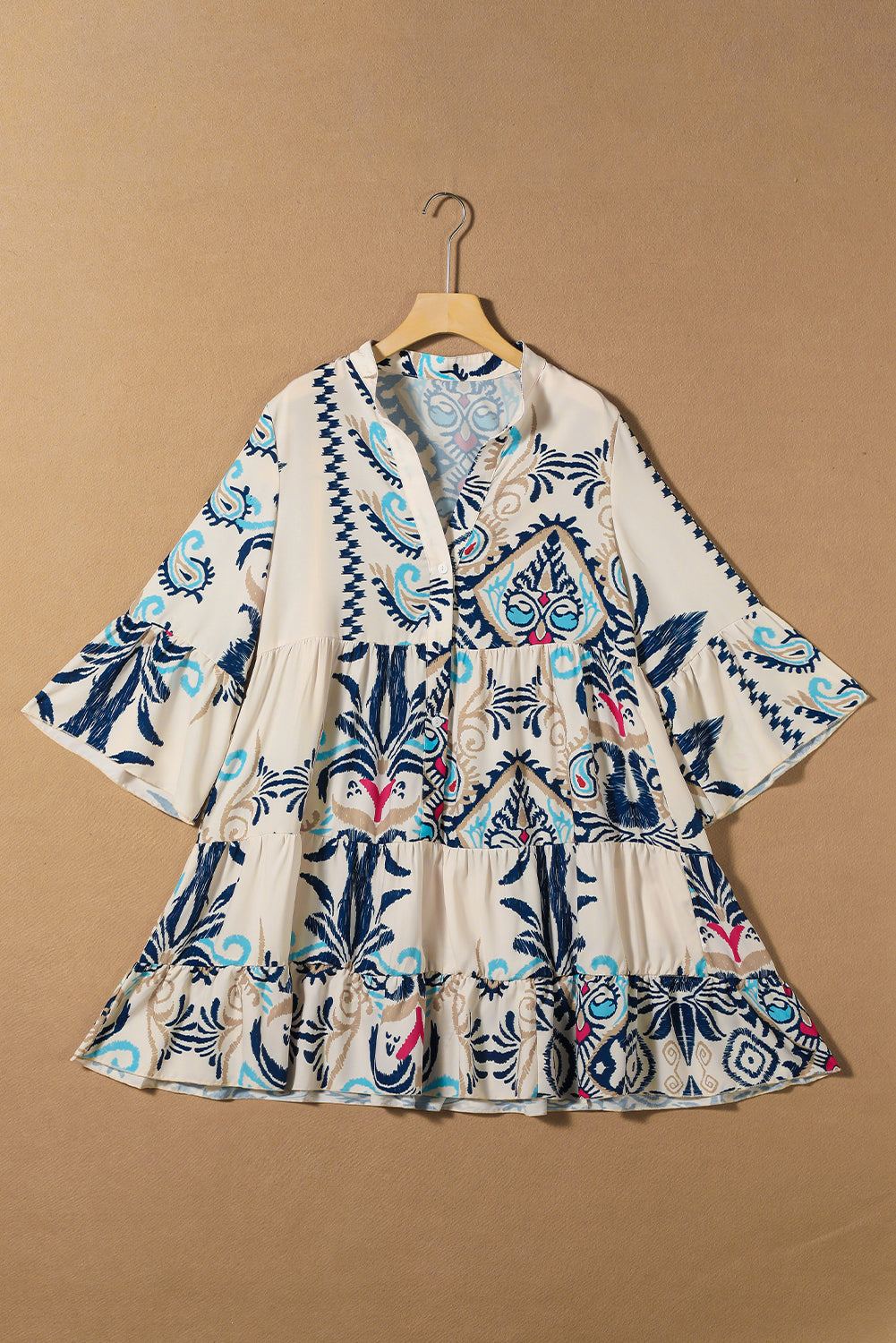 White Ethnic Print Boho Button Tiered Mini Dress - Sluxe Fashions