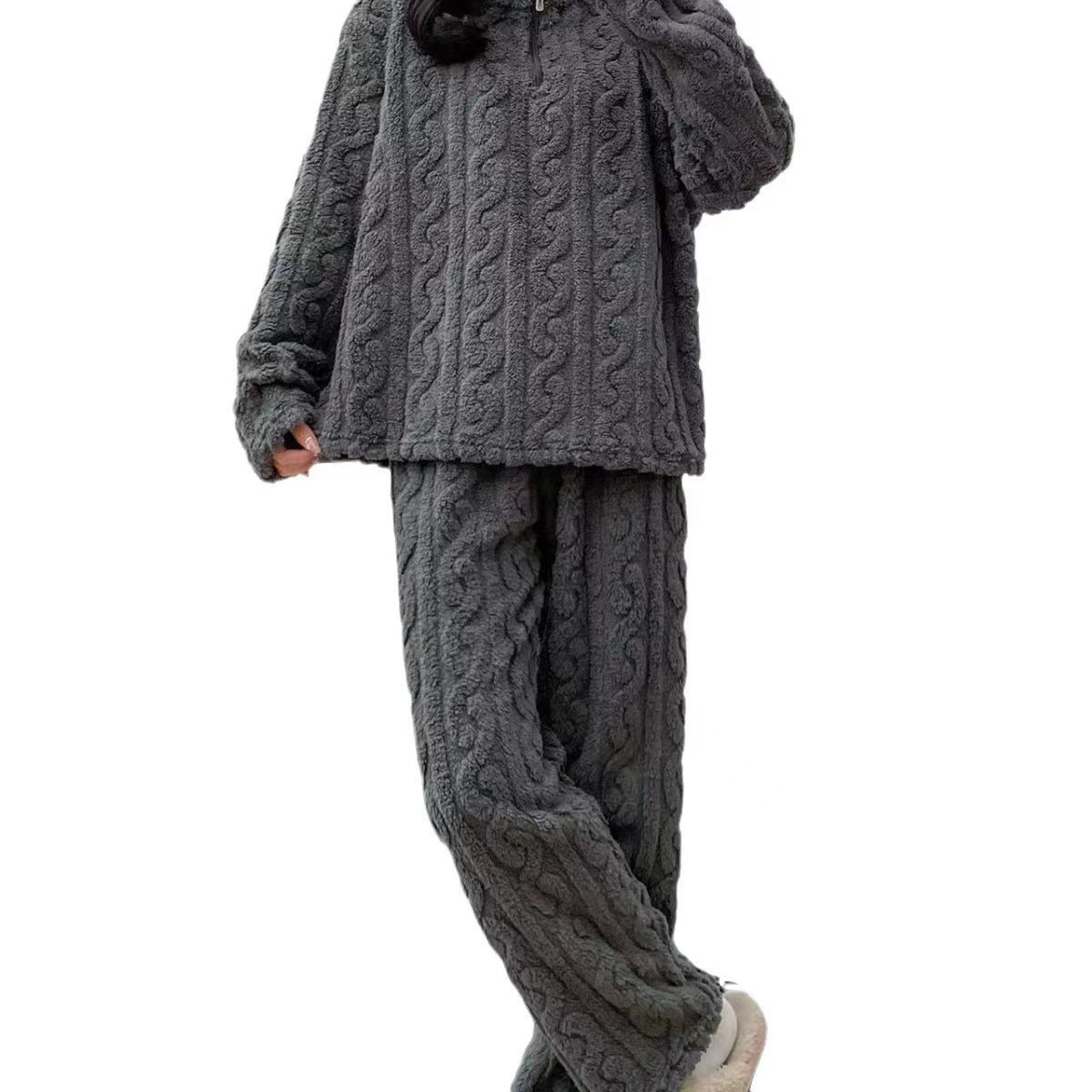 Autumn And Winter New Twist Zipper Couple Fleece-lined Thick Coral Fleece Pajamas Homewear Loungewear Sleepwear For Sleeping - Sluxe Fashions