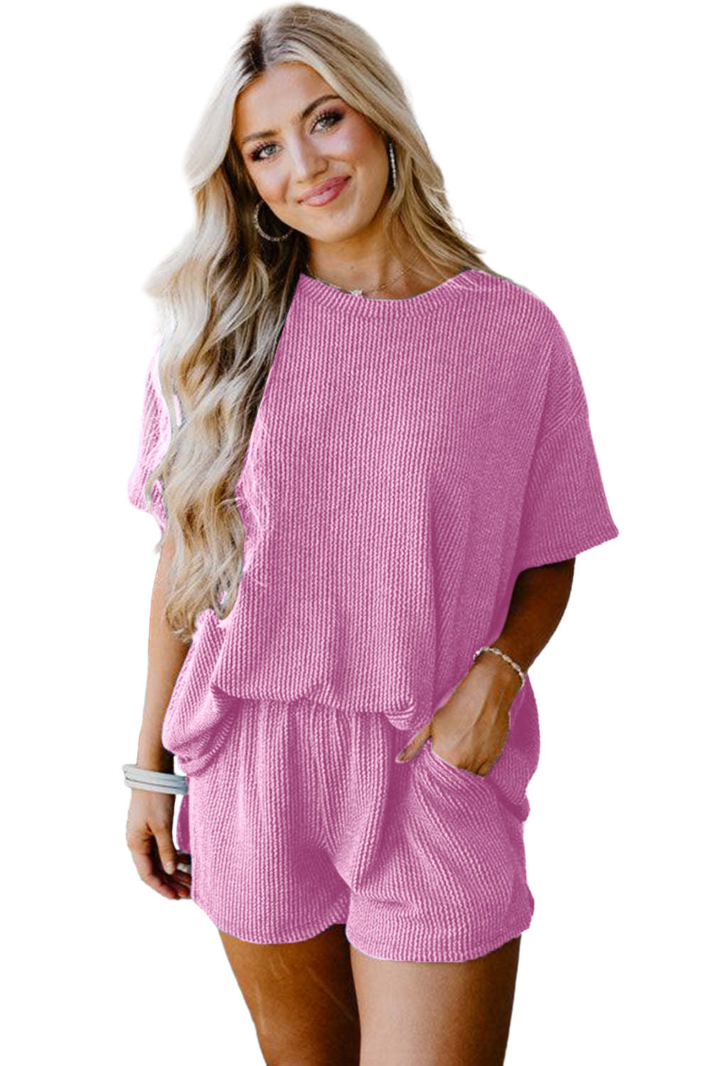 Orange Ribbed Textured Loose Fit Tee & Shorts Set - Sluxe Fashions